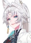  1girl animal_ear_fluff animal_ears beads black_shirt blue_coat blue_eyes blue_gemstone breasts chinese_clothes coat commentary_request earrings eyeshadow feixiao_(honkai:_star_rail) forehead_jewel fox_ears fox_girl gem grey_hair hair_beads hair_ornament high_ponytail highres honkai:_star_rail honkai_(series) jewelry lapels large_breasts long_hair looking_at_viewer makeup mandarin_collar open_clothes open_coat open_mouth parted_bangs pink_eyeshadow ponytail red_ribbon ribbon shirt sidelocks simple_background smile solo tassel tassel_hair_ornament teeth tomato_(toma_17_1129) two-sided_coat two-sided_fabric upper_body white_background white_coat 