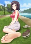  1girl absurdres artist_request barefoot blush breasts brown_eyes erect_nipples feet grass highres itsuwa large_breasts long_hair looking_at_viewer pov pov_feet shoes_removed soles to_aru_majutsu_no_index toes 