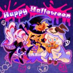 3girls :o ;) ;3 ankle_boots black_bow black_bowtie black_coat black_hat black_shoes blue_background blue_eyes blue_outline blue_tail boots bow bowtie brown_boots bucket candy cape closed_mouth coat commentary cookie_run cookie_run:_kingdom cream_puff_cookie crossed_legs demon_horns demon_tail dress food full_body geruideyundongxie ghost ghost_costume gradient_outline halftone halloween_bucket hand_on_own_cheek hand_on_own_face happy_halloween hat hat_tip highres holding holding_bucket holding_instrument holding_stuffed_toy horns instrument lace-up_boots large_hat long_hair long_sleeves looking_at_viewer mini_hat mini_witch_hat multicolored_hair multicolored_horns multiple_girls no_pupils official_alternate_hair_color official_alternate_hairstyle one_eye_closed open_clothes open_coat open_mouth orange_eyes orange_hair orange_pantyhose outline pantyhose parfait_cookie pink_dress pink_hair pink_outline pompon_(cookie_run) pumpkin_hat_ornament pumpkin_pie_cookie purple_pantyhose red_eyes shoes short_hair simple_background sleeves_past_fingers sleeves_past_wrists smile standing standing_on_one_leg streaked_hair striped_clothes striped_horns striped_pantyhose stuffed_animal stuffed_toy symbol-only_commentary tail top_hat twintails two-sided_cape two-sided_fabric two-tone_hair two-tone_horns two-tone_pantyhose white_hair wide_sleeves witch_hat wrapped_candy 