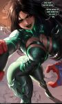  1boy 1girl animal_print armored_bodysuit ass black_eyeshadow black_hair black_lips bodysuit breasts choke_hold english_text eyeshadow green_bodysuit green_eyes hand_on_another&#039;s_arm hela_(marvel) highres large_breasts long_hair looking_at_viewer luminyu makeup marvel marvel_rivals patreon_username pov reaching reaching_towards_viewer signature solo speech_bubble spider-man spider_print strangling superhero_costume web_address 