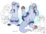  2018 3_toes 4_fingers animal_genitalia anthro anus balls blue_eyes blue_fur blush boxers_(clothing) clothing fur male mammal matuska mustelid navel otter sheath simple_background solo spread_legs spreading standing toes underwear whiskers 