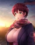  :o breasts breath brown_eyes brown_hair cleavage commentary_request highres huge_breasts idolmaster idolmaster_cinderella_girls jacket oikawa_shizuku parted_lips raised_eyebrows ribbed_sweater scarf short_hair sky solo sunlight sunrise sweater umasan 
