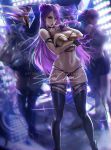  braid breasts bustier double_bun girl gold_trim highres idol k/da_(league_of_legends) k/da_kai&#039;sa kai&#039;sa large_breasts league_of_legends lipstick long_hair looking_at_viewer makeup nail_polish navel purple_eyes purple_hair purple_lipstick sakimichan signature solo thighhighs twin_braids 