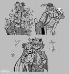  angel animal_ears arm_around_shoulder azazel_(helltaker) baphomet_(grizz) black_horns blind blush breasts cerberus_(helltaker) demon_girl demon_horns demon_tail flustered grey_background greyscale grizz group_hug halo happy helltaker highres horns hug jacket jacket_on_shoulders justice_(helltaker) leaning lineart long_hair metal_gloves monochrome multiple_girls original overalls pants red_shirt sharp_teeth shirt short_hair simple_background sketch smile sunglasses tail teeth traditional_halo triplets vanripper_(style) vest white_eyes white_hair white_pants 