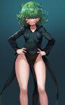  1girl awesomeerix black_dress blush breasts closed_mouth commentary curly_hair dress female_pubic_hair green_eyes green_hair hands_on_own_hips highres long_sleeves looking_at_viewer no_panties one-punch_man paid_reward_available pelvic_curtain pubic_hair pubic_hair_peek short_hair simple_background small_breasts solo tatsumaki 