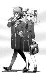  2girls absurdres arimura_hinae bag black_coat black_pantyhose black_shoes blonde_hair blush bow buttons candy chaos;child coat double-breasted eibon food fur_gloves gloves greyscale hair_between_eyes hair_bow hand_on_own_hip headphones hekiho_academy hekiho_academy_uniform highres holding holding_bag holding_candy holding_food holding_lollipop holding_strap kazuki_hana leather_bag loafers lollipop lollipop_in_mouth looking_at_another monochrome multiple_girls multiple_hair_bows necktie pantyhose plaid_clothes plaid_scarf scarf shoes short_necktie sketch smile twintails white_pantyhose winter winter_clothes 