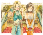  1girl black_hair blonde_hair bodysuit breasts choker cleavage commentary_request dagger deboo final_fantasy final_fantasy_ix garnet_til_alexandros_xvii gloves jewelry long_hair medium_hair monkey_tail necklace open_mouth orange_bodysuit smile tail traditional_media watercolor_(medium) weapon zidane_tribal 