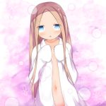  :o abigail_williams_(fate/grand_order) alternate_costume blonde_hair blue_eyes blush commentary_request dress_shirt dutch_angle eyebrows_visible_through_hair fate/grand_order fate_(series) forehead hands_up highres long_hair long_sleeves naked_shirt navel open_clothes open_shirt parted_lips shirt sleeves_past_fingers sleeves_past_wrists solo su_guryu very_long_hair 