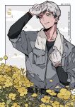  1boy arm_up belt black_belt black_hair c138300 collarbone english_text falling_petals field film_grain flower flower_field gloves grey_hair grey_jacket haikyuu!! highres jacket jacket_tucked_in kita_shinsuke layered_sleeves long_sleeves male_focus multicolored_hair official_alternate_costume parted_lips petals short_hair short_over_long_sleeves short_sleeves smile solo standing sweat teeth towel towel_around_neck twitter_username two-tone_hair white_gloves yellow_eyes yellow_flower 
