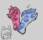 4_toes ambiguous_gender anthro barefoot blue_body blue_pawpads claws domestic_cat eyes_closed feet felid feline felis foot_focus foot_shot glistening glistening_pawpads grey_background hair hindpaw l0xx mammal open_mouth paw_shot pawpads paws pink_body pink_pawpads short_hair simple_background sketch smile solo toe_claws toes
