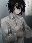  absurdres black_eyes black_hair blue_eyes blurry blurry_background commentary cuts highres honda_souichi injury male_focus original scratches see-through shirt short_hair upper_body watch wet wet_clothes wet_hair wet_shirt wristwatch 