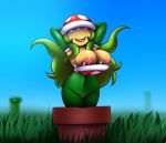  2018 anthro armwear big_breasts bottomless breast_expansion breasts cleavage clothed clothing day detailed_background digital_media_(artwork) elbow_gloves elfdrago eyeless female flora_fauna gloves grass green_hair hair hands_behind_head hi_res huge_breasts humanoid looking_at_viewer mario_bros navel nintendo nipple_slip not_furry outside partially_clothed piranha_plant plant pot_(disambiguation) sky smile solo teeth video_games voluptuous 