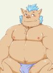  2018 anthro belly blush boar bulge clothing gouryou humanoid_hands jumperbear male mammal mohawk moobs navel nipples overweight overweight_male porcine simple_background sitting solo tokyo_afterschool_summoners tusks underwear 