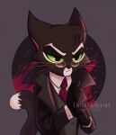 2025 4_fingers anthro artist_name black_body black_clothing black_coat black_fur black_gloves black_handwear black_topwear black_vest blood bodily_fluids circle_background clothed clothed_anthro clothed_male clothing coat collared_shirt colored digital_drawing_(artwork) digital_media_(artwork) dipstick_tail domestic_cat eye_markings eyebrows eyewear facial_markings felid feline felis fingers fully_clothed fully_clothed_anthro fully_clothed_male fur geometric_background glasses gloves green_eyes half-length_portrait handwear head_markings head_tuft hi_res lackadaisy littlevioletart male male_anthro mammal markings mordecai_heller multicolored_body multicolored_fur muzzle_(marking) necktie pink_inner_ear portrait red_necktie shirt simple_background solo tail tail_markings text topwear tuft tuxedo_cat two_tone_body two_tone_fur vest wearing_glasses whiskers white_body white_clothing white_eyebrows white_fur white_shirt white_tail_tip white_topwear white_whiskers