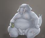 2018 alcohol anthro balls beer belly beverage beverage_can big_belly elephant erection eyewear fish_tail foreskin glasses grey_background hi_res humanoid_penis male mammal nipples nude overweight overweight_male penis proboscidean shinoda_hamazaki simple_background sitting solo sweat trunk tusks 