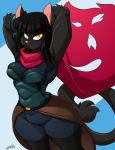  2018 anthro armor biped black_ears black_fur black_hair black_tail blue_background breasts cape cat chalo clothed clothing cosplay crossover eyebrows feline female fully_clothed fur hair hand_on_head hi_res las_lindas long_tail looking_at_viewer mammal muffin_top pink_nose portrait pose rachael_saleigh sesame_akane shirt short_hair shorts simple_background small_breasts solo standing three-quarter_portrait tight_clothing uberquest upstairstudios wide_hips yellow_eyes 