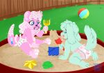 absurd_res abuniverse ball bambino_diapers beach_ball bow_ribbon clothed clothing crossdressing diaper drabbit femboy fur green_body green_fur hi_res hybrid inflatable katiepup male mammal mint_(thefurryboat) mustelid object_in_mouth otter pacifier pacifier_in_mouth pink_body pink_fur river_otter sandbox sprinkles sprinkles_in_hair sprinkles_on_tail toddlers toy wuta-tumaki