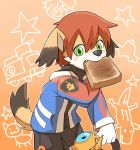  2015 anthro blush bread canine clothed clothing cub digital_media_(artwork) food food_in_mouth gradient_background green_eyes looking_at_viewer male mammal mamoru-kun manmosu_marimo orange_background shirt shorts simple_background solatorobo solo standing tail_concerto toast video_games young 