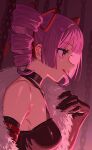  1girl bare_shoulders black_dress black_gloves breasts chain choker dark_hunter_(sekaiju) dark_hunter_4 dress drill_hair elbow_gloves from_side fur_shawl gloves hair_ribbon highres licking_lips medium_breasts mya-zawa off-shoulder_dress off_shoulder pink_eyes pink_hair profile red_ribbon revision ribbon sekaiju_no_meikyuu sekaiju_no_meikyuu_1 shawl smile solo tongue tongue_out twin_drills 