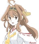  1girl ahoge brown_eyes brown_hair detached_sleeves emuwai gold_hairband hairband headgear japanese_clothes kantai_collection kongou_(kancolle) long_hair nontraditional_miko one-hour_drawing_challenge ribbon-trimmed_sleeves ribbon_trim simple_background solo twitter_username upper_body white_background 