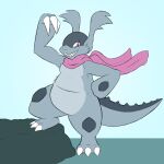 1:1 2025 armor_plates bandai_namco claws digimon digimon_(species) eye_markings fan_character female feral flexing fur gazimon generation_1_pokemon grey_body grey_fur hi_res hybrid kangaskhan kerilyn markings nintendo pink_eyes pokemon pokemon_(species) pouch_(anatomy) rabbit_ears rock scarf solo solo_focus spiked_tail spikes spikes_(anatomy) tail thick_tail toothy_grin