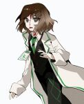  1girl aislan bisected black_vest blood brown_hair coat collared_shirt company_logo green_necktie grey_eyes hair_ornament hairclip highres lab_coat limbus_company long_sleeves looking_at_viewer medium_hair necktie project_moon shirt shrenne_(project_moon) simple_background solo standing upper_body vest white_background white_coat white_shirt 