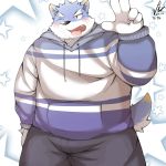  2017 anthro blush canine clothing hoodie humanoid_hands male mammal one_eye_closed overweight overweight_male pants park_kr simple_background solo wink wolf 