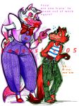 2015 4_fingers answer anthro arm_tuft arms_bent artist_name asking asking_another barefoot black_nose blue_stripes bodily_fluids bottomwear bracelet brown_claws button_(fastener) cageyshick05_(artist) canid canine cheek_spots cheek_tuft claws clothed clothed_anthro clothed_female clothed_male clothing clothing_around_waist colored colored_pencil_(artwork) dialogue dipstick_tail disapproval duo english_description english_text eye_contact eye_patch eyelashes eyewear facial_tuft feet female finger_claws fingers five_nights_at_freddy&#039;s five_nights_at_freddy&#039;s_2 footwear fox foxy_(fnaf) fully_clothed fully_clothed_anthro fully_clothed_female fully_clothed_male fur gold_(metal) gold_bracelet gold_jewelry green_bottomwear green_clothing green_outline green_pants green_shirt green_topwear hair half-closed_eyes hand_on_hip hand_on_own_hip high_heels hook hook_hand jewelry larger_anthro larger_female lips long_tail looking_at_another male mama_mangle mammal mangle_(fnaf) markings multicolored_body multicolored_fur name_drop name_in_dialogue narrowed_eyes nervous nervous_sweat orange_body orange_fur orange_tail outline pants pattern_clothing pattern_shirt pattern_tank_top pattern_topwear pink_body pink_fur pink_tail_tip pirate pockets purple_bottomwear purple_clothing purple_outline purple_pants purple_shirt purple_topwear purple_vest question red_claws red_clothing red_footwear red_high_heels red_lips scottgames shaded shirt shirt_around_waist shoes shoulder_tuft size_difference slicked_back_hair smaller_anthro smaller_male standing stepping_on_tail striped_clothing striped_shirt striped_tank_top striped_topwear stripes sweat tail tail_markings talking_to_another tank_top text thick_lips toe_claws topwear traditional_media_(artwork) tuft two_tone_tail vest whisker_spots white_clothing white_hair white_shirt white_tail white_tank_top white_topwear wide_hipped_anthro wide_hipped_female yellow_eyes