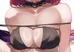  1girl bare_shoulders bikini black_bikini black_choker breasts choker collarbone commentary english_commentary gradient_hair highres hololive hololive_english irys_(hololive) large_breasts medium_hair mr_thecatman multicolored_hair pink_hair pink_wings purple_wings simple_background solo strap_pull swimsuit virtual_youtuber white_background wings 
