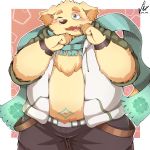  2017 anthro belly blush canine clothing crying cusith dog fur humanoid_hands male mammal navel overweight overweight_male pants park_kr scarf simple_background tears tokyo_afterschool_summoners yellow_fur 