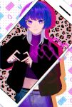  1girl animal_print black_jacket blunt_bangs cassette_tape cellphone cellphone_photo colored_shadow crop_top cropped_sweater denim futsuu_no_keion-bu heart heart_hands highres jacket jeans leopard_print light_smile medium_hair midriff multicolored_hair nogi_yuni open_clothes open_jacket pants patterned_background phone polka_dot polka_dot_background purple_eyes purple_hair purple_sweater shadow shirt simple_background skinny_jeans smartphone smile solo sweater turtleneck turtleneck_sweater white_shirt wolf_cut 