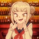  90s :d alcohol bags_under_eyes bangs blonde_hair bluethebone blunt_bangs boku_no_hero_academia collarbone commentary counter double_bun fangs hands_on_own_cheeks hands_on_own_face looking_at_viewer messy_hair open_mouth red_neckwear retro school_uniform serafuku smile sparkle toga_himiko tsurime yellow_eyes 