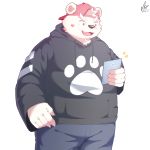  &lt;3 2018 anthro bear clothing fur hat hoodie humanoid_hands male mammal overweight overweight_male pants park_kr phone polar_bear simple_background white_background white_fur 