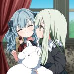  2girls aged_down bang_dream! bang_dream!_it's_mygo!!!!! black_bow black_dress blue_hair bow closed_eyes closed_mouth commentary doll dress green_hair hair_bow highres indoors long_hair multiple_girls peke_(pekeiscat) stuffed_animal stuffed_toy togawa_sakiko wakaba_mutsumi yellow_eyes 