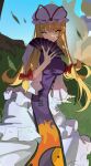  2girls blonde_hair dress fox_tail frills hair_ribbon hand_fan hat highres holding holding_fan imkooooww leaf light_smile long_hair long_sleeves looking_at_viewer medium_hair mob_cap multiple_girls multiple_tails purple_tabard ribbon sitting tabard tail touhou tree under_tree white_dress yakumo_ran yakumo_yukari yellow_eyes 