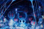 2025 2_horns 6_eyes absurd_res ambiguous_gender black_eyes blipbugbug bodily_fluids fungus glowing glowing_fungus glowing_mushroom group hi_res holding_lamp hollow_knight horn lamp looking_at_another mask multi_eye mushroom question_mark red_eyes spider_web sweat sweatdrop team_cherry the_knight_(hollow_knight) vessel_(species) weaver_(hollow_knight)