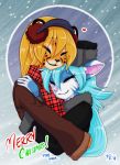  &lt;3 2014 anthro blonde_hair blue_fur blue_hair cat cheetah christmas clothed clothing coat digital_media_(artwork) duo earmuffs eyes_closed feline female fluff-kevlar fur hair hat holidays hug inner_ear_fluff long_hair mammal mihari multicolored_fur orange_fur scarf smile snow spots spotted_fur text tuft two_tone_fur ushanka vikna white_fur yellow_fur 