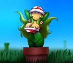  2018 anthro armwear big_breasts bottomless breasts cleavage clothed clothing day detailed_background digital_media_(artwork) elbow_gloves elfdrago eyeless female flora_fauna gloves grass green_hair hair hands_behind_head hi_res huge_breasts humanoid looking_at_viewer mario_bros navel nintendo not_furry outside partially_clothed piranha_plant plant pot_(disambiguation) sky smile solo video_games voluptuous 