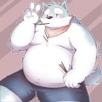  2016 anthro belly blush canine clothing humanoid_hands male mammal moobs navel nipples overweight overweight_male park_kr pocky shorts solo wolf 