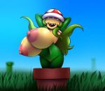  2018 anthro areola armwear big_breasts breast_expansion breasts cleavage clothed clothing day detailed_background digital_media_(artwork) elbow_gloves elfdrago eyeless female flora_fauna gloves grass green_hair hair hands_behind_head hi_res huge_breasts humanoid looking_at_viewer mario_bros navel nintendo nipples not_furry open_mouth outside partially_clothed piranha_plant plant pot_(disambiguation) sky smile solo teeth video_games voluptuous 
