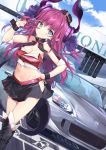  bangs black_legwear black_skirt blue_eyes blue_sky blush breasts car character_name cleavage closed_mouth clothes_writing cloud commentary_request crop_top day dragon_girl dragon_horns dragon_tail dutch_angle elizabeth_bathory_(fate) elizabeth_bathory_(fate)_(all) fang fate/extra fate/extra_ccc fate/grand_order fate_(series) gedou_(shigure_seishin) ground_vehicle hand_on_hip hand_up hip_vent honda_s2000 horns kneehighs long_hair medium_breasts midriff miniskirt motor_vehicle navel outdoors pointy_ears purple_hair race_queen sidelocks skirt sky smile solo standing symbol-shaped_pupils tail v v-shaped_eyebrows wrist_cuffs 