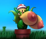  2018 anthro areola armwear big_breasts breast_expansion breasts cleavage clothed clothing day detailed_background digital_media_(artwork) elbow_gloves elfdrago eyeless female flora_fauna gloves grass green_hair hair hands_behind_head hi_res huge_breasts humanoid hyper hyper_breasts looking_at_viewer mario_bros navel nintendo nipples open_mouth outside partially_clothed piranha_plant plant pot_(disambiguation) sky solo teeth video_games voluptuous 