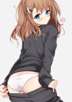  ass black_pants black_sweater blue_eyes blush brown_hair grey_background hair_ornament hairclip highres long_hair looking_back original panties pants pants_pull pulled_by_self sasahara_wakaba simple_background solo speech_bubble sweater underwear undressing white_panties 