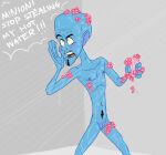 2022 alien alien_humanoid bald bathing blue_body blue_skin dreamworks english_text hi_res humanoid male megamind megamind_(series) misterspectacular navel nipples nude open_mouth soap soap_bubbles solo suds text