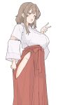  1girl absurdres breasts brown_eyes brown_hair commentary fang hakama hakama_skirt highres hip_vent japanese_clothes kotobuki_mayuki large_breasts mature_female miko no_panties open_mouth red_hakama s10021 seitokai_ni_mo_ana_wa_aru! simple_background skirt smile solo v white_background 