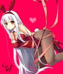  all_fours an_jera animal_ears arms_behind_back brown_legwear bunny_ears bunny_tail bunnysuit detached_collar heart high_heels highres kantai_collection leotard long_hair necktie pantyhose pink_background red_footwear red_leotard red_neckwear ribbon shoukaku_(kantai_collection) signature simple_background solo strapless strapless_leotard tail white_hair yellow_eyes 