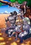  :3 :d aardwolf_(kemono_friends) aardwolf_ears animal_ears animal_print black_eyes black_hair black_leopard_(kemono_friends) black_neckwear blonde_hair blue_eyes blue_sky blush book bow breast_pocket caracal_(kemono_friends) caracal_ears caracal_tail cheek_press cloud commentary couch day elbow_gloves extra_ears eyebrows_visible_through_hair giraffe_ears giraffe_horns giraffe_print glasses gloves grass green_eyes green_hair hair_between_eyes hat hat_feather hat_removed headwear_removed kemono_friends leopard_(kemono_friends) leopard_ears leopard_print leopard_tail long_hair low_twintails mirai_(kemono_friends) mountainous_horizon multicolored_hair multiple_girls necktie open_mouth orange_hair outdoors pantyhose pantyhose_under_shorts peeking_out pleated_skirt pocket print_gloves print_legwear print_neckwear print_skirt reticulated_giraffe_(kemono_friends) savannah semi-rimless_eyewear serval_(kemono_friends) serval_ears serval_print serval_tail short_hair short_sleeves shorts sitting skirt sky smile tail tanaka_kusao tree tree_shade twintails under-rim_eyewear white_gloves white_hair yellow_eyes 