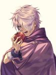  apple food fruit gloves green_eyes hair_over_one_eye highres male_focus octopath_traveler open_mouth scarf short_hair simple_background smile solo st_beans_lal therion_(octopath_traveler) 