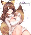  :p ahoge animal_ear_fluff animal_ears breasts commentary commentary_request eyebrows_visible_through_hair fox_ears fox_tail highres large_breasts looking_at_viewer meme_attire open-chest_sweater original pocky_day raised_eyebrows red_eyes ribbed_sweater simple_background solo sweater tail thighs tongue tongue_out translation_request turtleneck turtleneck_sweater usagihime white_background 