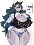 2018 5_fingers anthro big_breasts blue_hair breasts brown_eyes canine clothed clothing crop_top cutoffs denim_shorts english_text female front_view hair hand_on_breast hand_on_hip horn huge_breasts huge_thighs hyenahonk long_hair mammal navel open_mouth portrait shirt shorts simple_background slightly_chubby solo speech_bubble standing text thick_thighs three-quarter_portrait voluptuous white_background wide_hips 